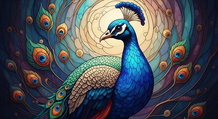 Fototapeta premium Stylized Peacock Portrait, Vibrant Feathers, Bird Illustration, Art Deco Design, Stained Glass Effect