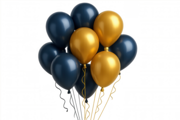 Gold and dark blue balloons floating against soft background, decorating event space with festive celebratory mood