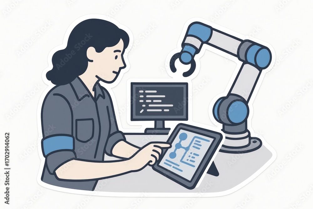 Aufkleber a focused female engineer examining robotics software on a tablet while collaborating with a robotic