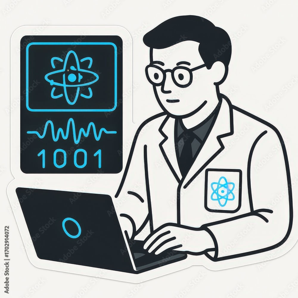 Poster expert scientist analyzing complex data on a digital laptop while interpreting intricate biological 