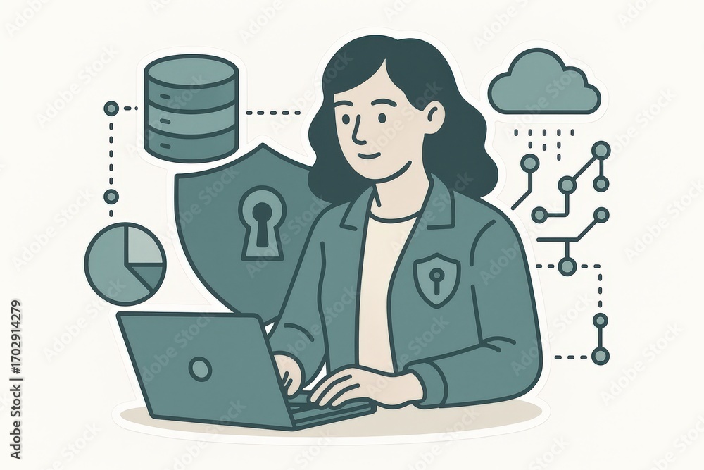 Poster confident cybersecurity professional analyzing data on laptop surrounded by digital security icons r