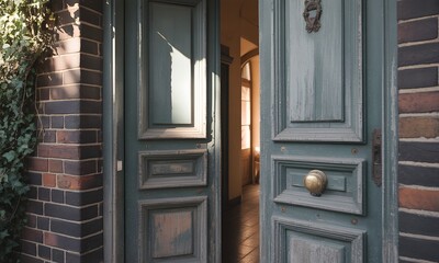 Vintage teal double door entrance with brick wall and ivy