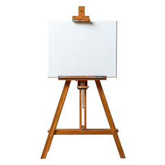 A wooden artist s easel holding a blank white canvas ready for painting or drawing isolated on transparent background
