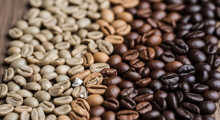 Fototapeta premium Artistic arrangement of coffee beans showcasing different roasting levels and a rich aromatic