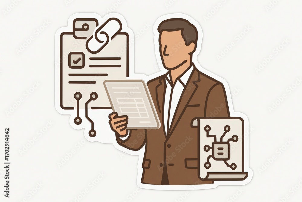 Aufkleber business professional analyzing digital documentation along with connectivity symbols emphasizing te