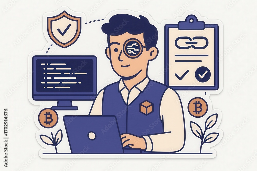 Poster innovative male character engaged in digital asset management illustrating blockchain technology wit