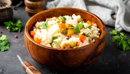 Wooden bowl of rice with vegetables