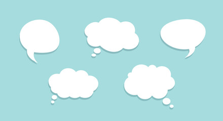 Blank white speech and thought bubbles float on a soft blue background, ready for your ideas. © Budi Studio