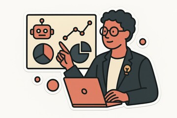 Engaging young innovative professional analyzing data trends and digital technology with interactive graphs and a friendly demeanor while using a laptop in a modern office environment