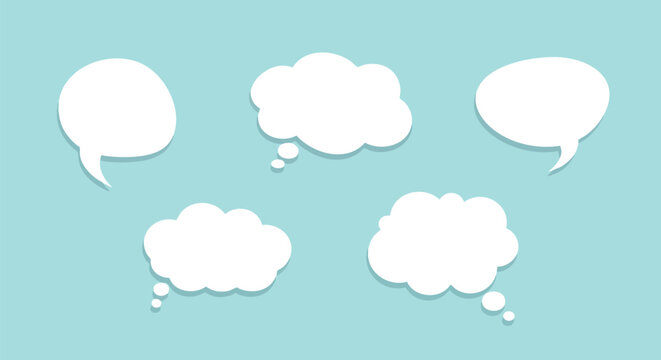 Blank white speech and thought bubbles float on a soft blue background, ready for your ideas.
