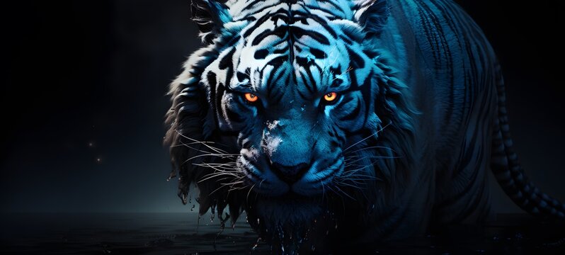 The black background contrasts sharply with the bright blue silver light emitted by white tiger, generative AI
