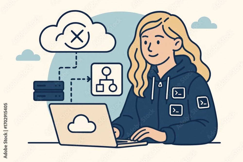 Poster young woman engaged in cloud computing troubleshooting with server infrastructure visualized through