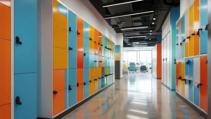 Colorful lockers line hallway in modern building