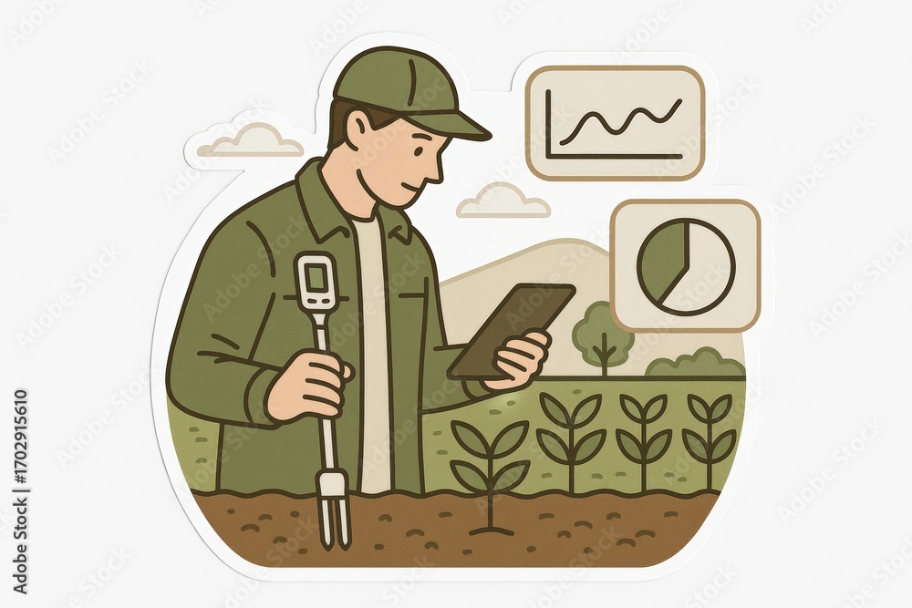 Aufkleber agricultural technician analyzing soil quality with digital tools and data visualization in an outdo