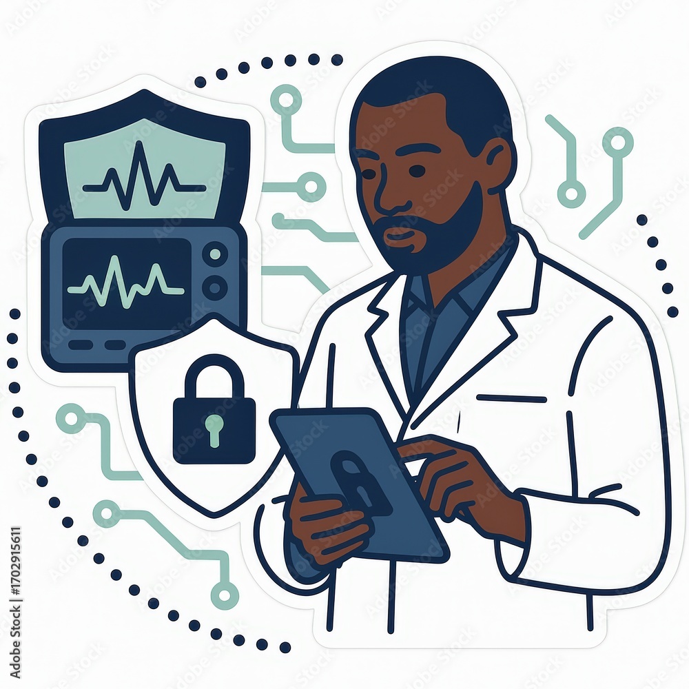 Poster innovative healthcare professional utilizing advanced technology and digital security measures to mo