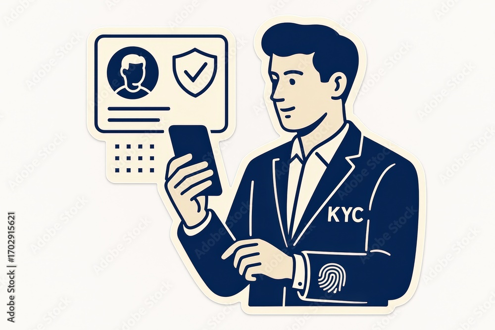 Poster Professional man engaged in KYC process reviewing digital identification on smartphone while ensuring data security and compliance in a dynamic financial environment