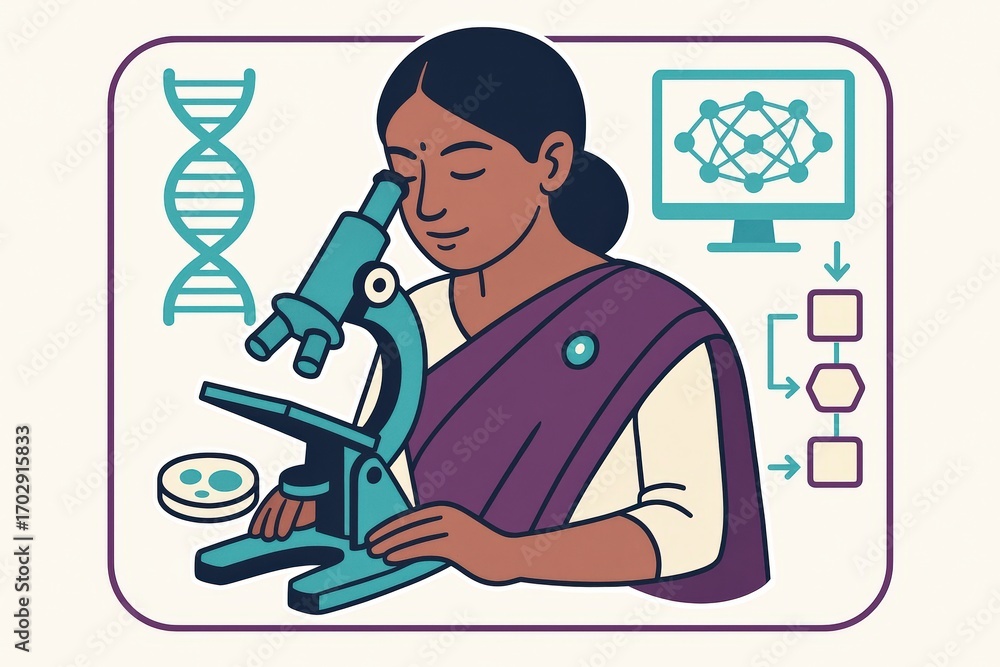Poster female scientist examining samples through microscope with dna helix and computer network background