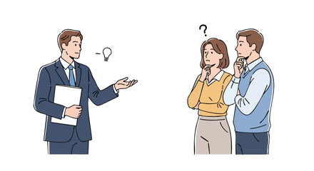 Business advisor presents innovative idea to a confused couple pondering next steps