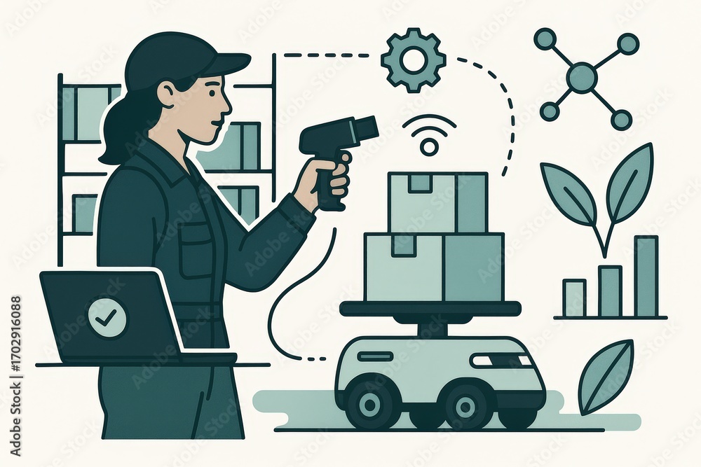 Aufkleber modern warehouse operations illustrated by a focused female worker using a scanner to manage automat