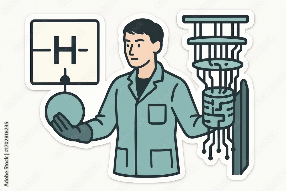 Poster a young scientist holding a circular element while analyzing new technology related to hydrogen and 