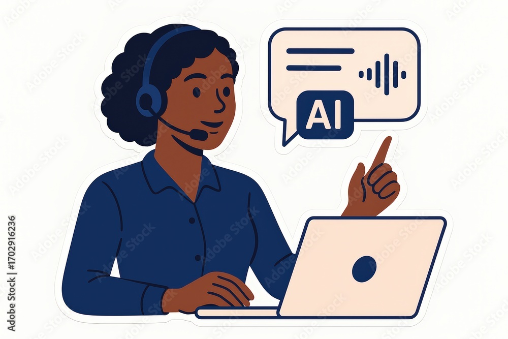 Poster engaging female professional presenting cutting-edge ai technology with a laptop demonstrating advan