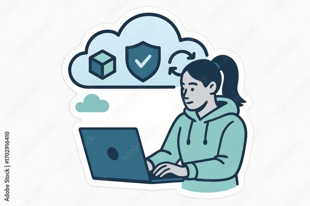 Poster a young woman engaged in digital safety protocols while utilizing cloud technology emphasizes data p