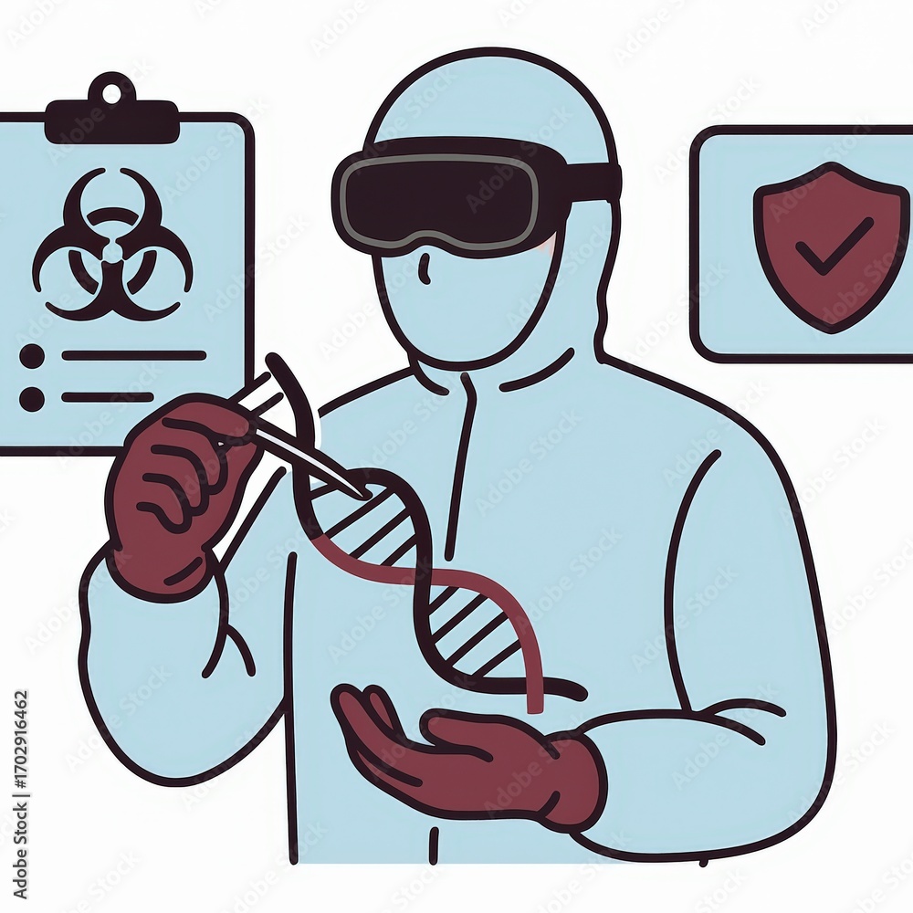 Poster scientific researcher analyzing dna sequence wearing protective gear in a controlled laboratory envi