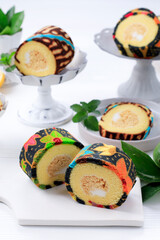 Beautiful Sliced Batik Roll Cake or Indonesian Bolu Gulung Batik