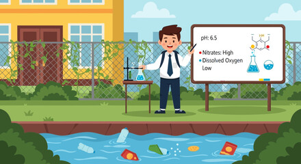 Animated science presentation on water pollution effect and environmental impact