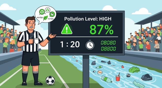 Environmental Awareness Campaign at a Soccer Stadium with Pollution Scoreboard