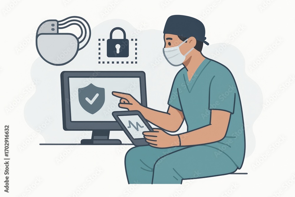 Aufkleber healthcare professional analyzing patient data on a tablet while securing medical information with d