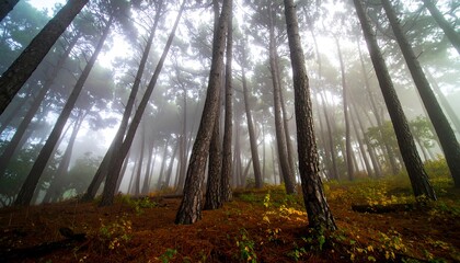 Misty forest with tall pines. Sunlight filters through a hazy atmosphere