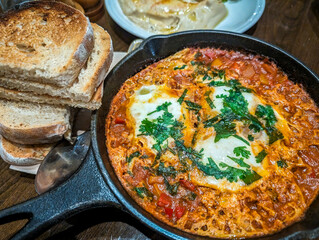 Top view of shakshouka, poached eggs in tomato sauce served in a frying pan with bread on a dining table at a local restaurant in Riyadh, Saudi Arabia.
