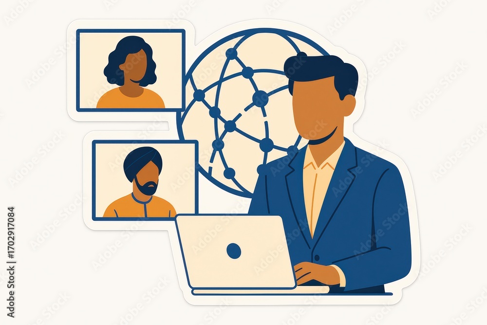 Poster professional male engaged in virtual communication with diverse participants featured on screens emp