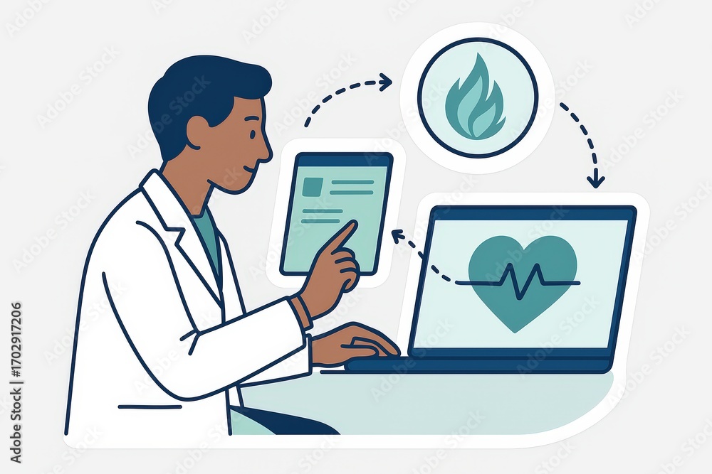 Poster Professional healthcare provider analyzing patient health data on a digital tablet while discussing medical insights through advanced technology and symbolic health indicators