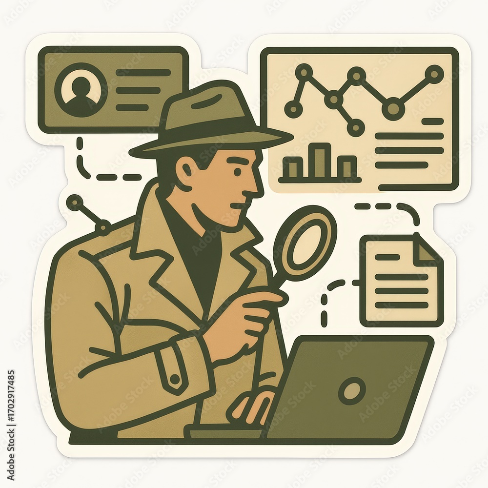 Poster detective analyzing data on laptop while interpreting complex information with scattered graphs and 