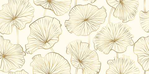 Chinese seamless pattern with leaves lotuses. Gold line drawing of lotus leaves on a light background. Hand drawn botanical elegant golden waterlily flower in line art style.