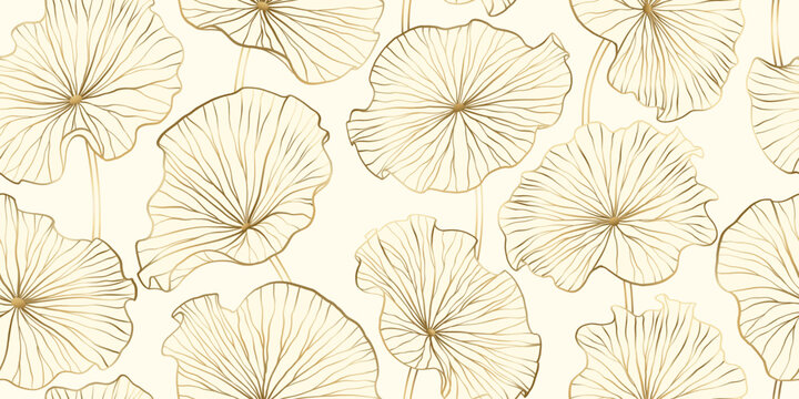 Chinese seamless pattern with leaves lotuses. Gold line drawing of lotus leaves on a light background. Hand drawn botanical elegant golden waterlily flower in line art style. - Powered by Adobe