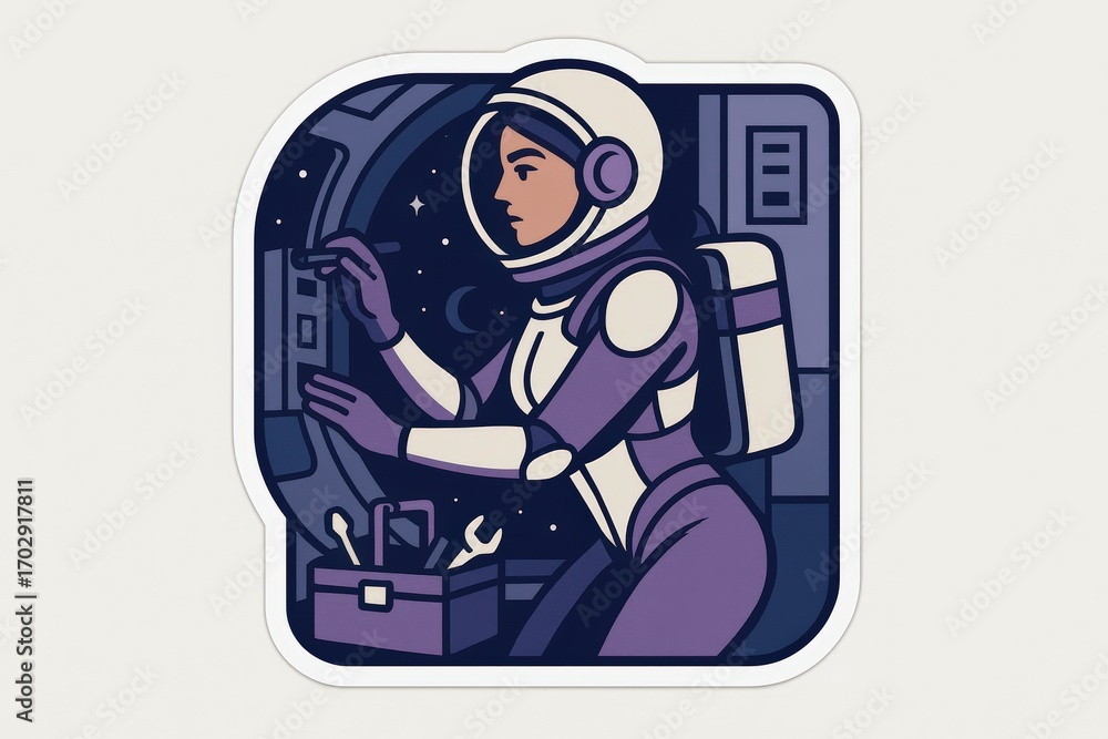 Aufkleber a poised astronaut in an advanced spacesuit conducts critical maintenance on a spacecraft's external