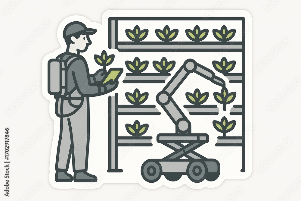 Aufkleber modern agricultural automation blending human expertise with robotics in a high-tech sustainable far