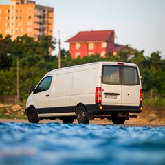 White van parked near water, buildings in background