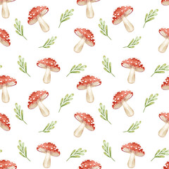Seamless Pattern with Mushroom and Leaves. Watercolor Vector illustration for wallpaper, packaging, and fabric.