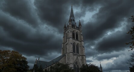 Dramatic Gothic Architecture under Stormy Sky, Tall Spire, Dark Clouds, Medieval Church, Religious Building, Grey Stone, Autumn Trees, Gloomy Atmosphere, Architectural Detail, Gothic Revival, Rel