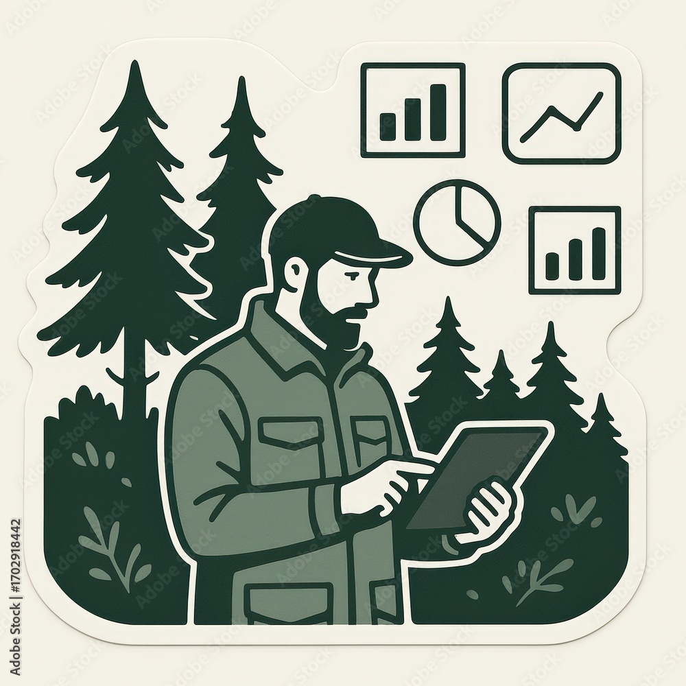 Poster a forest analyst utilizing a digital tablet to assess environmental data trends amidst lush evergree