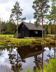 Obraz premium Rustic wooden cabin by a pond, reflected in still water