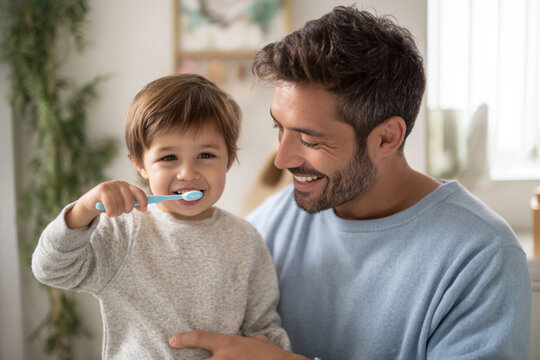 Father and son share a joyful moment while brushing teeth in a cozy interior