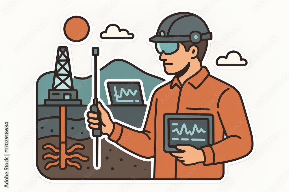 Poster engineering professional analyzing geological data with advanced technology while monitoring an oil 