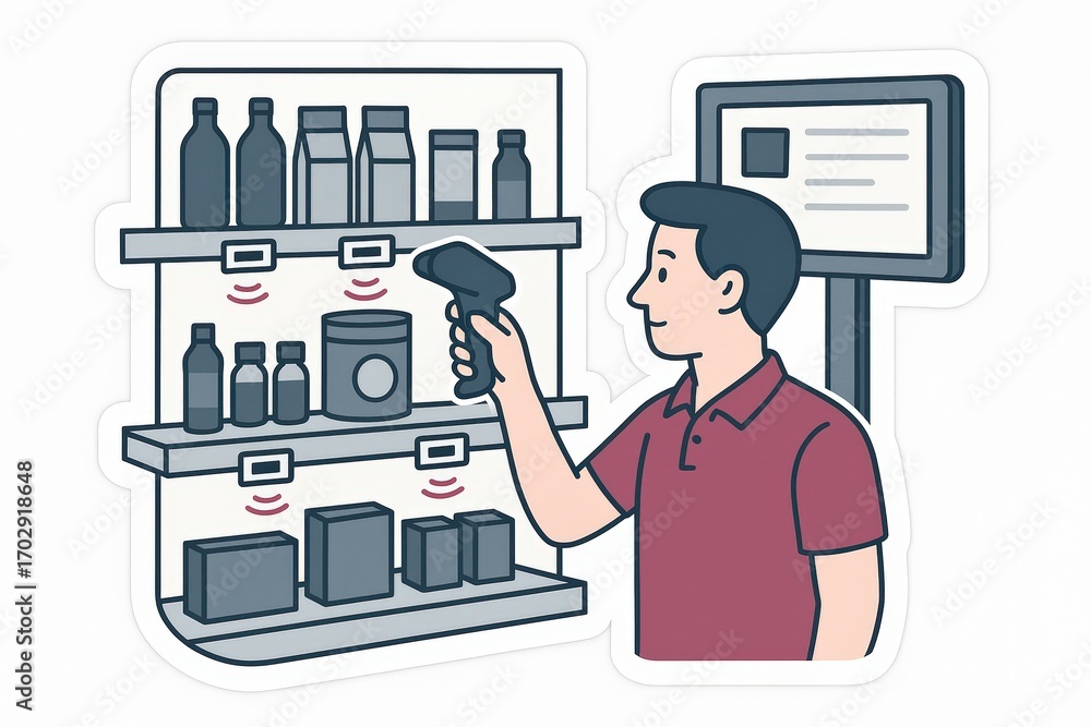 Poster individual engaging in inventory management using a barcode scanner surrounded by neatly arranged pr