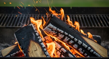 Burning firewood with bright orange flames in a barbecue grill.