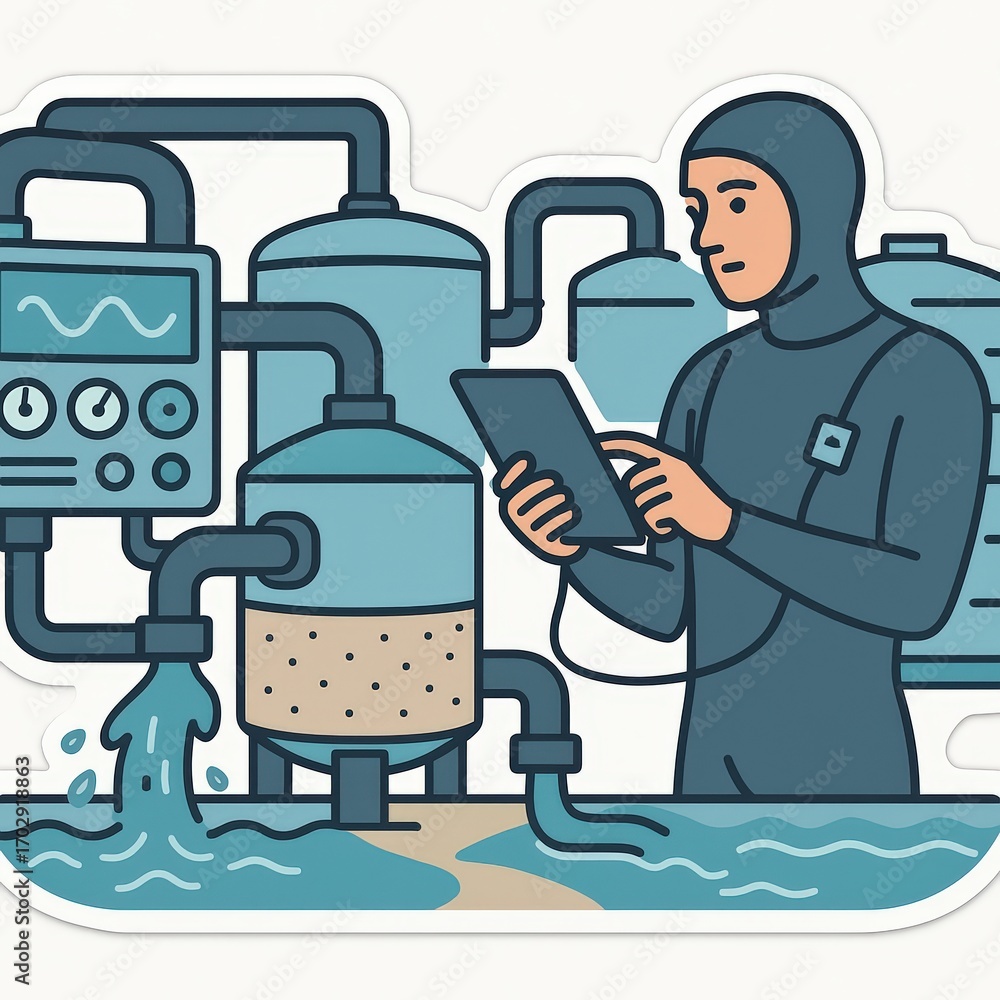 Poster professional engineer analyzing complex water treatment systems while utilizing advanced technology 